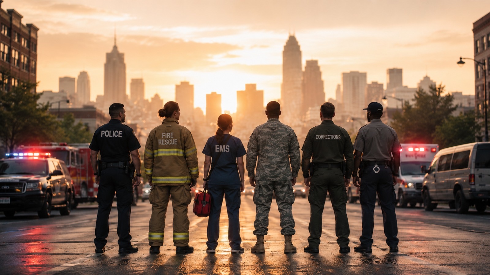 Police, fire, EMS, military and corrections professionals standing together facing the dawn