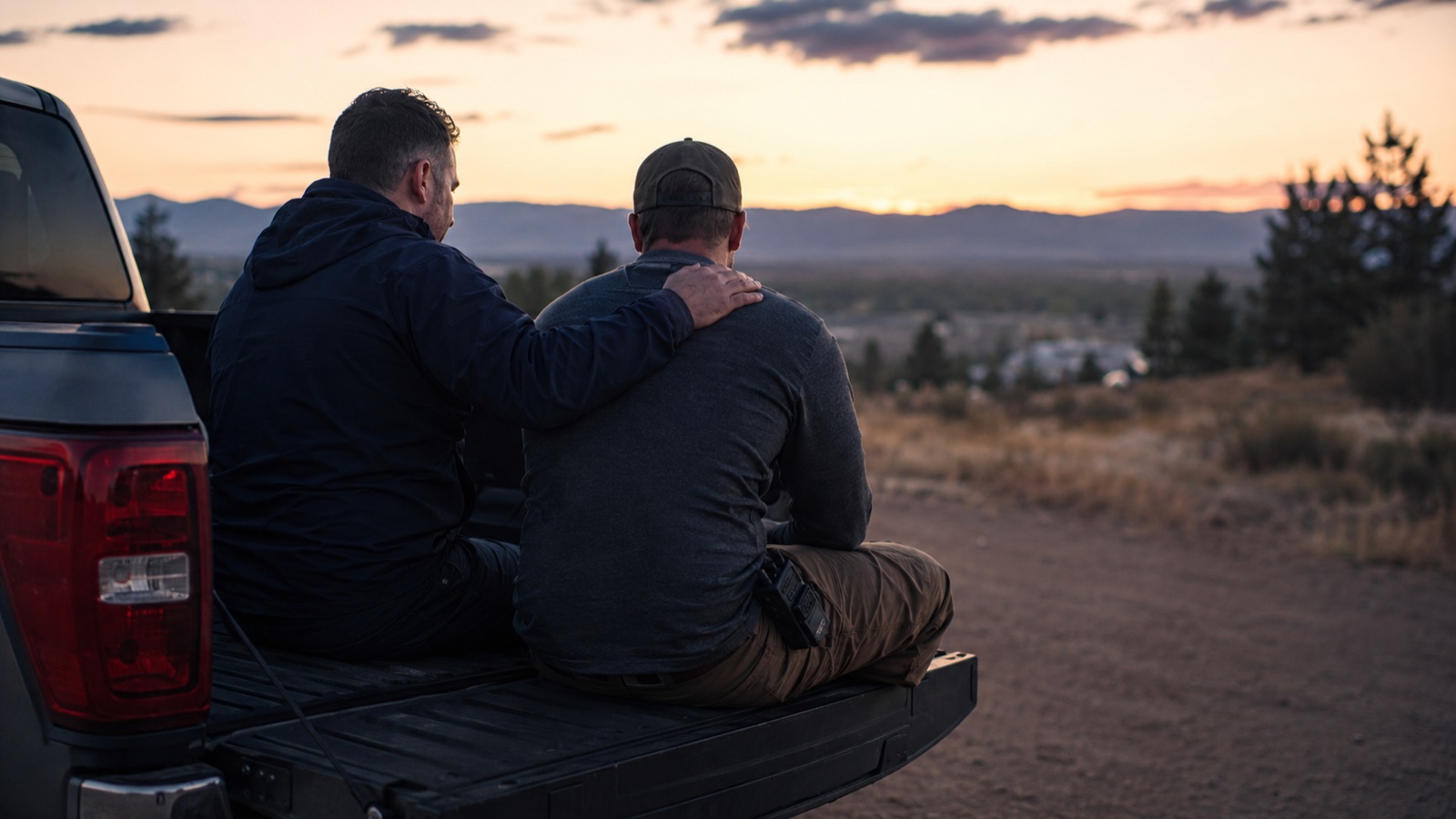 Two first responders sitting together at dusk, one resting a hand on the other's shoulder