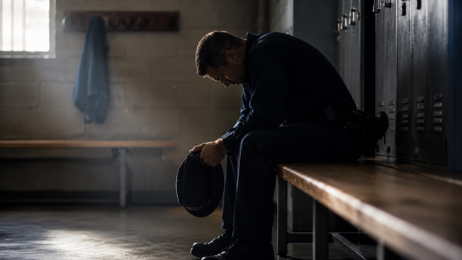A police officer sitting alone on a locker-room bench at the end of a shift, head lowered